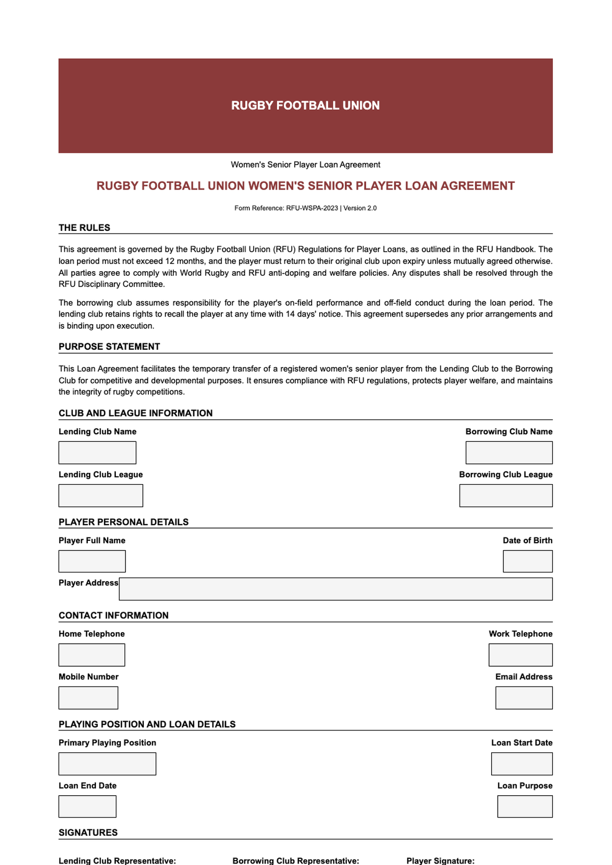 Official Rugby Football Union womens senior player loan agreement form 2012 2013_variant_2
